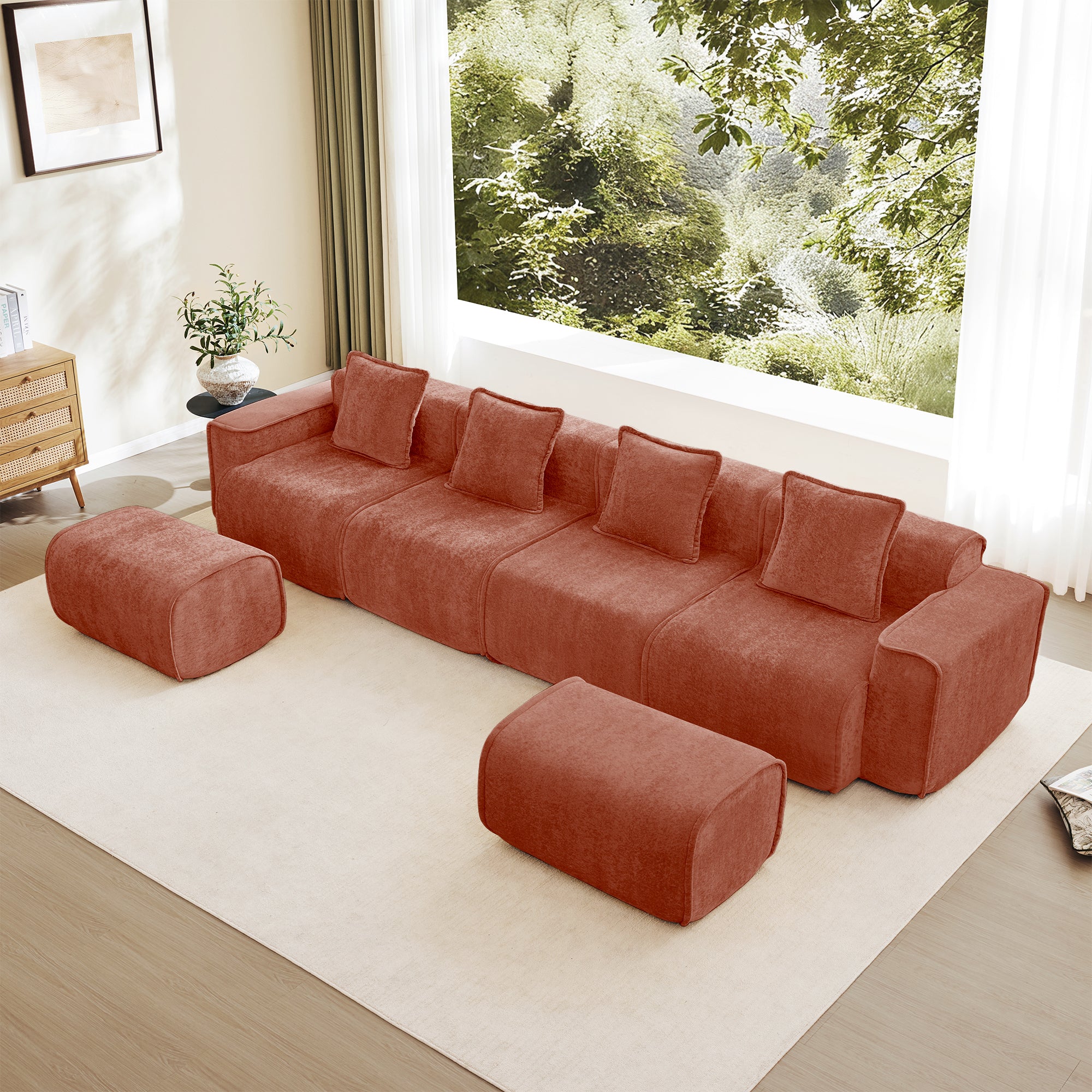 Seneca Boneless Couch - 4 Seater with 2 Ottomans, Terracotta