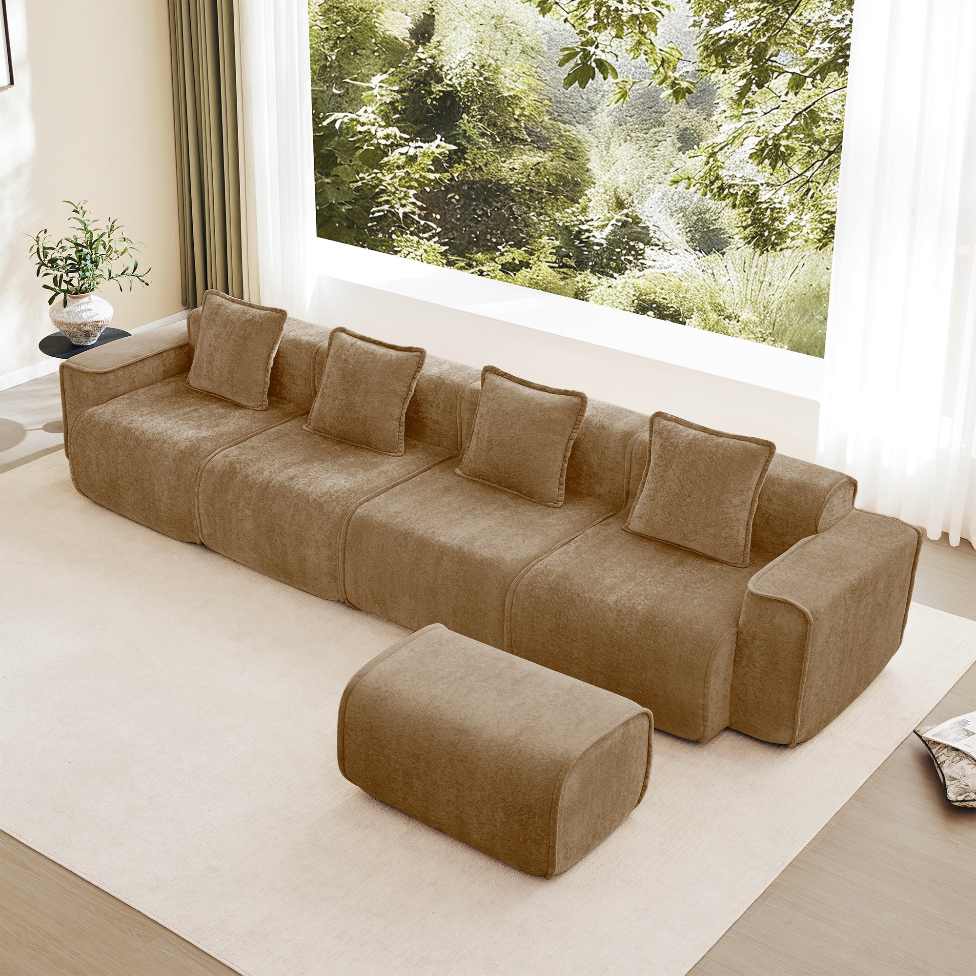 Seneca Boneless Couch - 4 Seater with Ottoman, Mocha