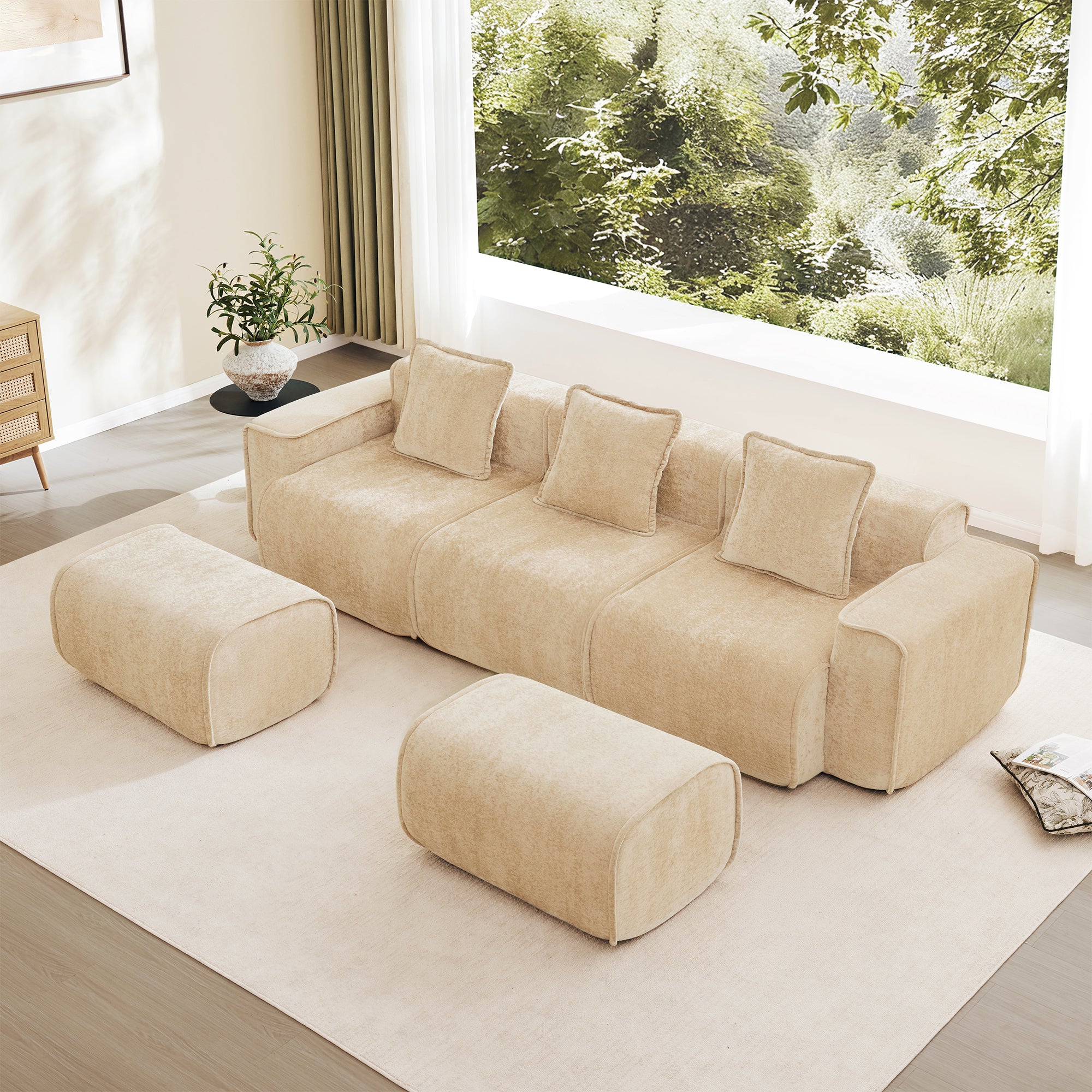 Seneca Boneless Couch - 3 Seater with 2 Ottomans, Camel