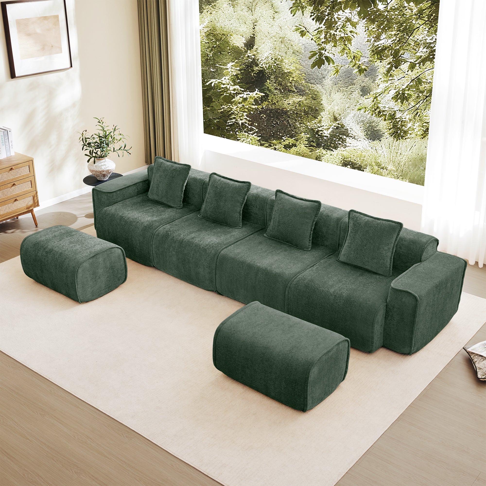 Seneca Boneless Couch - 4 Seater with 2 Ottomans, Olive