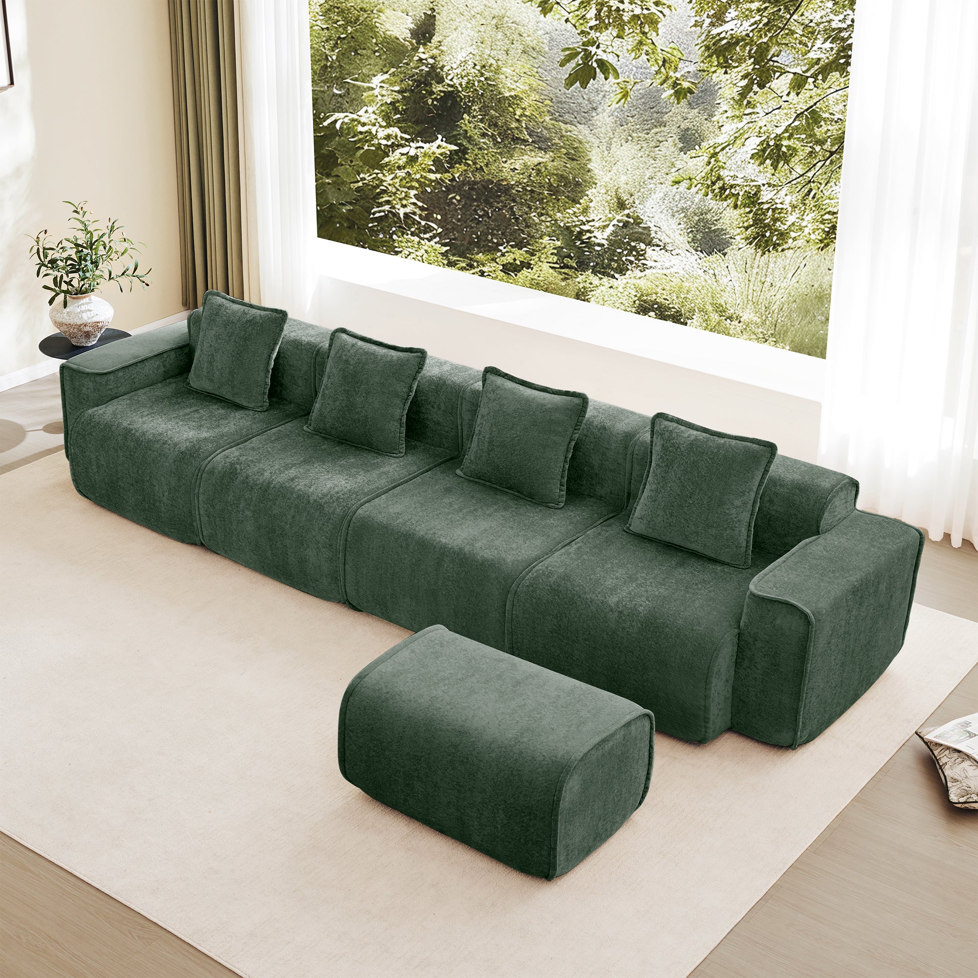 Seneca Boneless Couch - 4 Seater with Ottoman, Olive