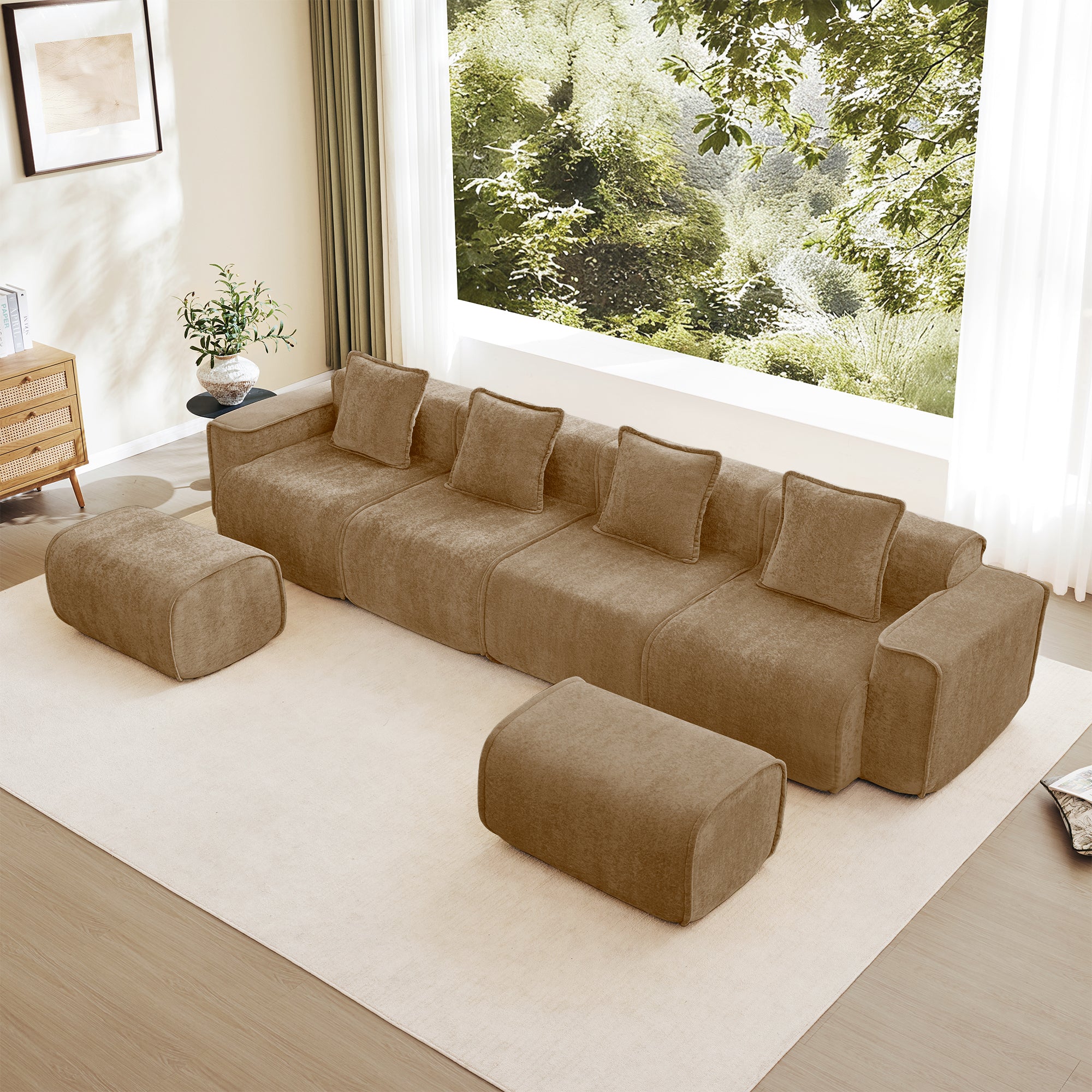 Seneca Boneless Couch - 4 Seater with 2 Ottomans, Mocha