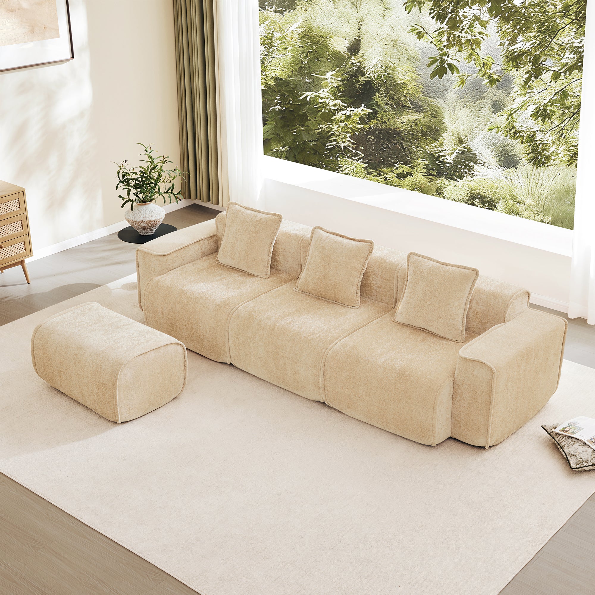 Seneca Boneless Couch - 3 Seater with Ottoman, Camel