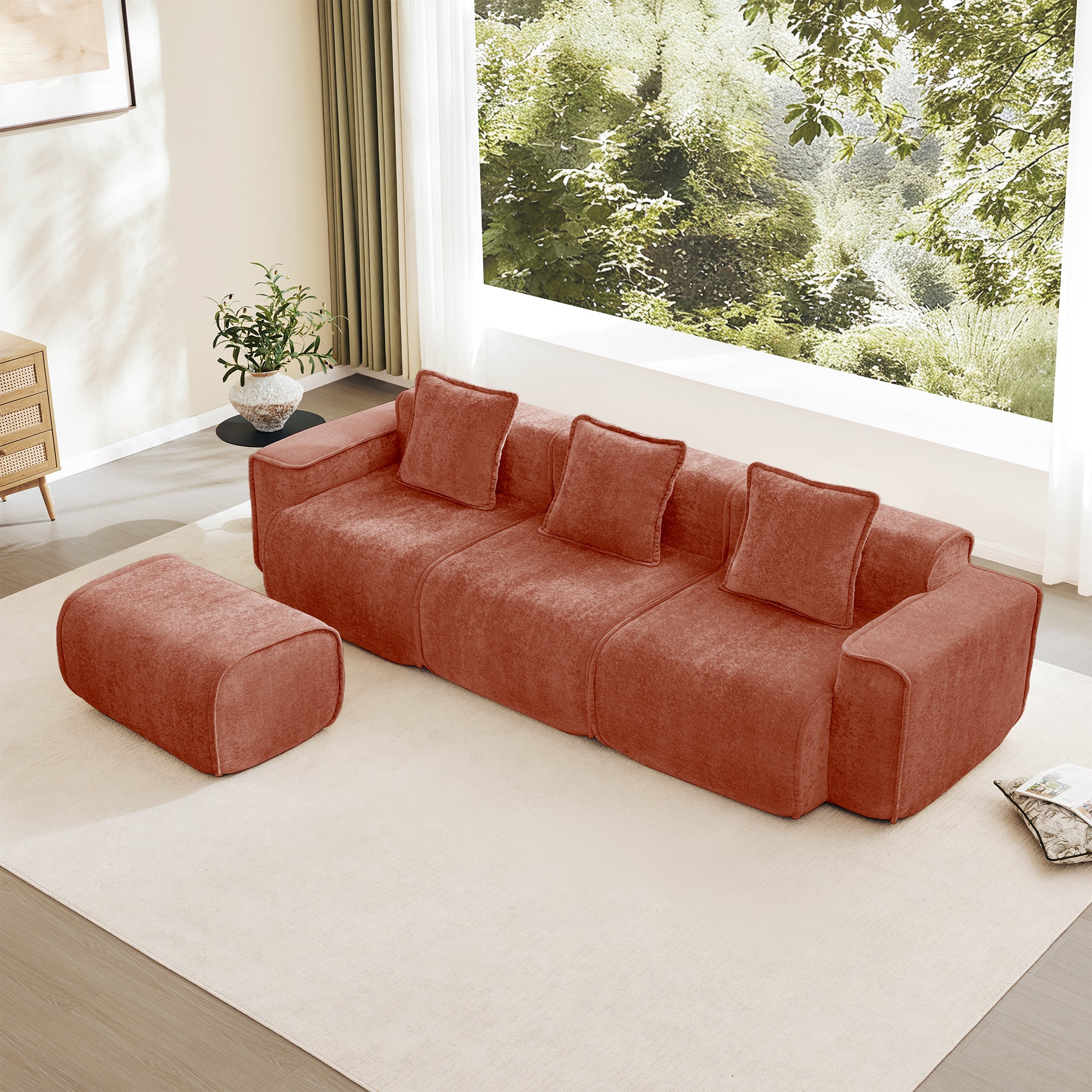 Seneca Boneless Couch - 3 Seater with Ottoman, Terracotta