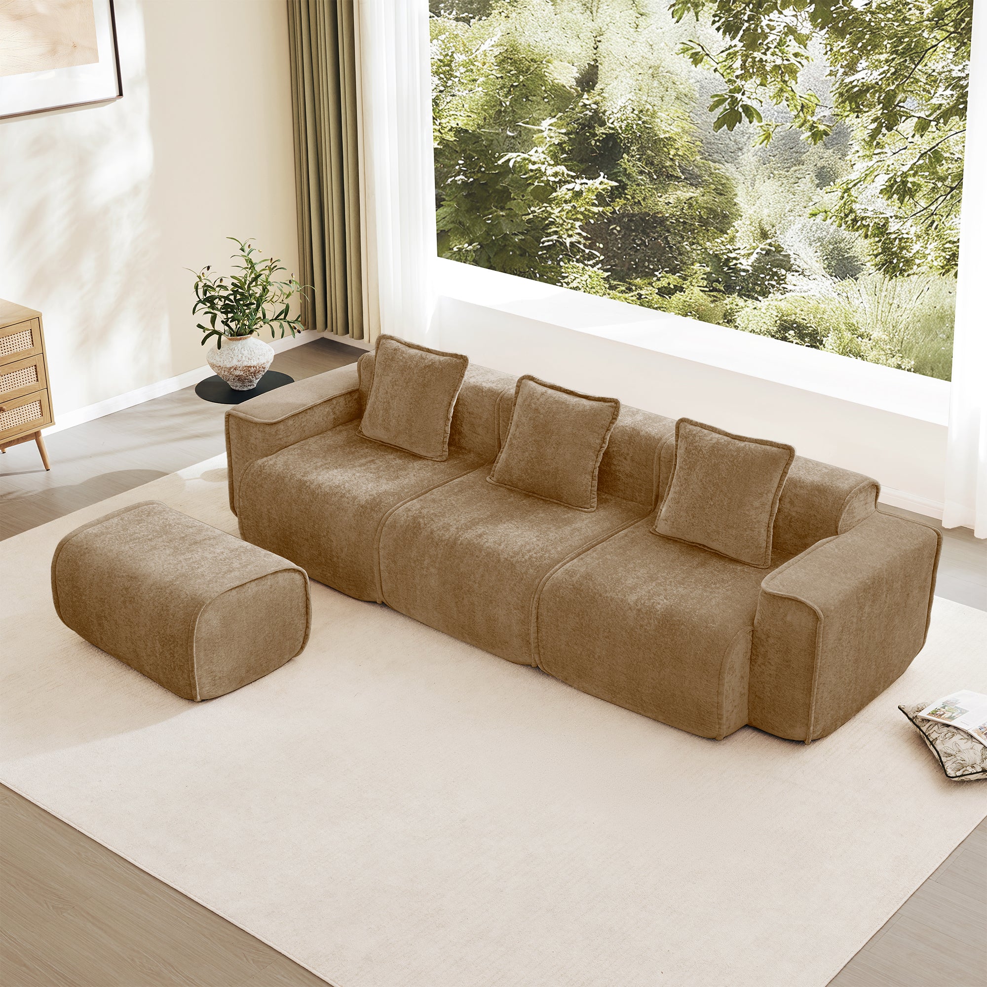 Seneca Boneless Couch - 3 Seater with Ottoman, Mocha