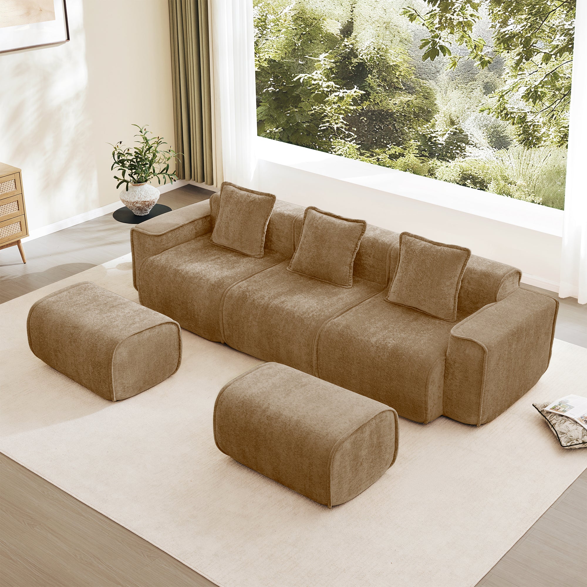 Seneca Boneless Couch - 3 Seater with 2 Ottomans, Mocha
