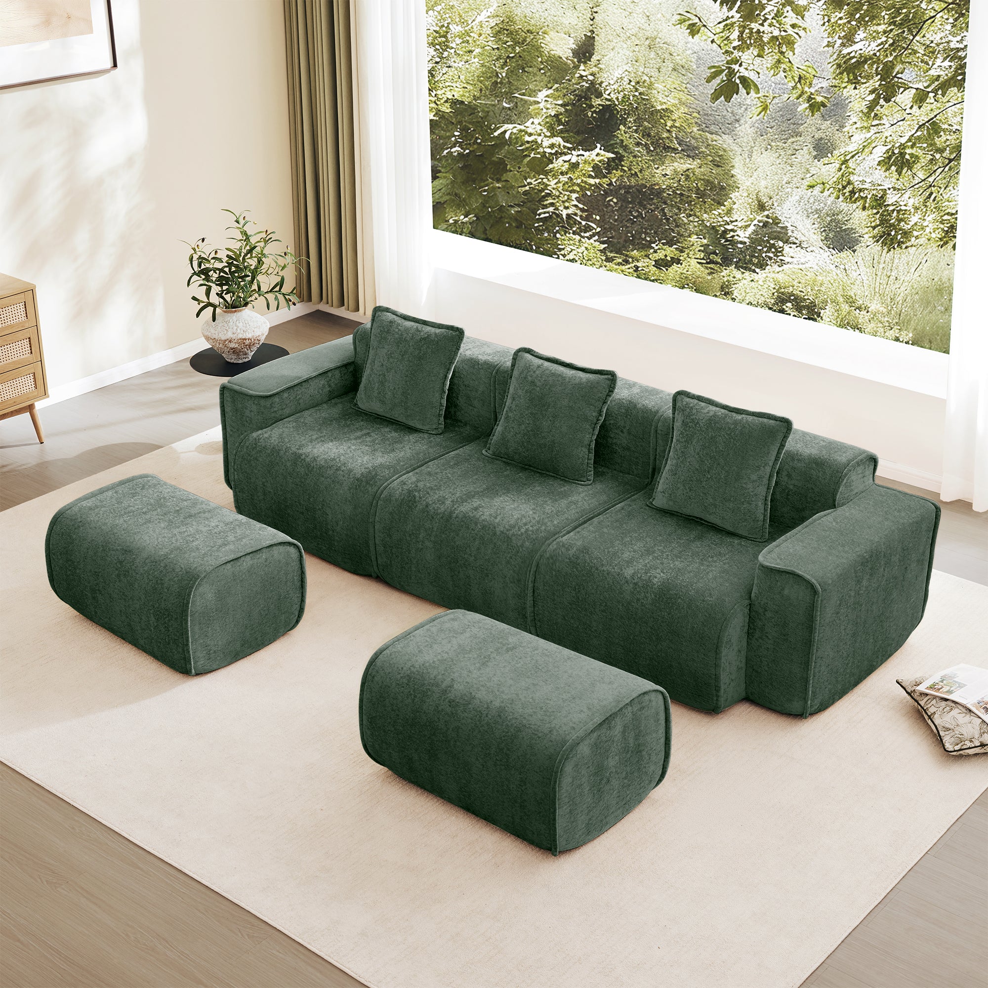Seneca Boneless Couch - 3 Seater with 2 Ottomans, Olive