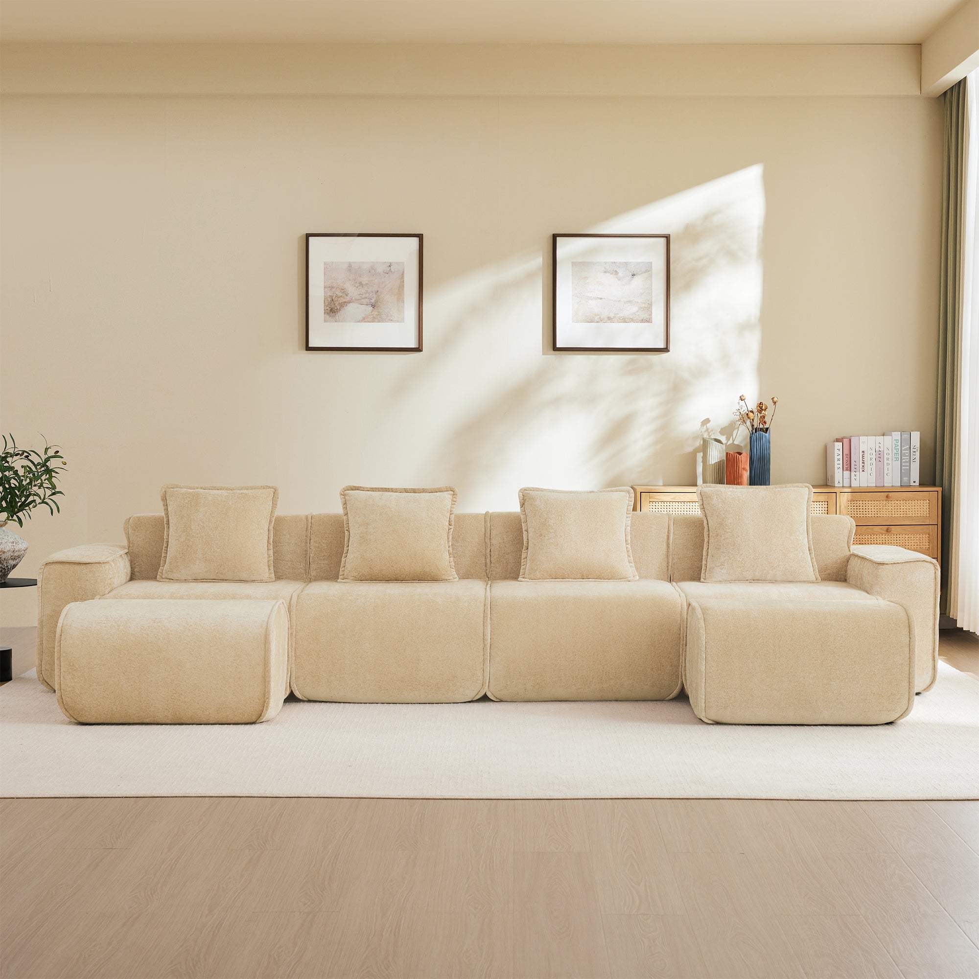 Seneca Boneless Couch - 4 Seater with 2 Ottomans, Camel