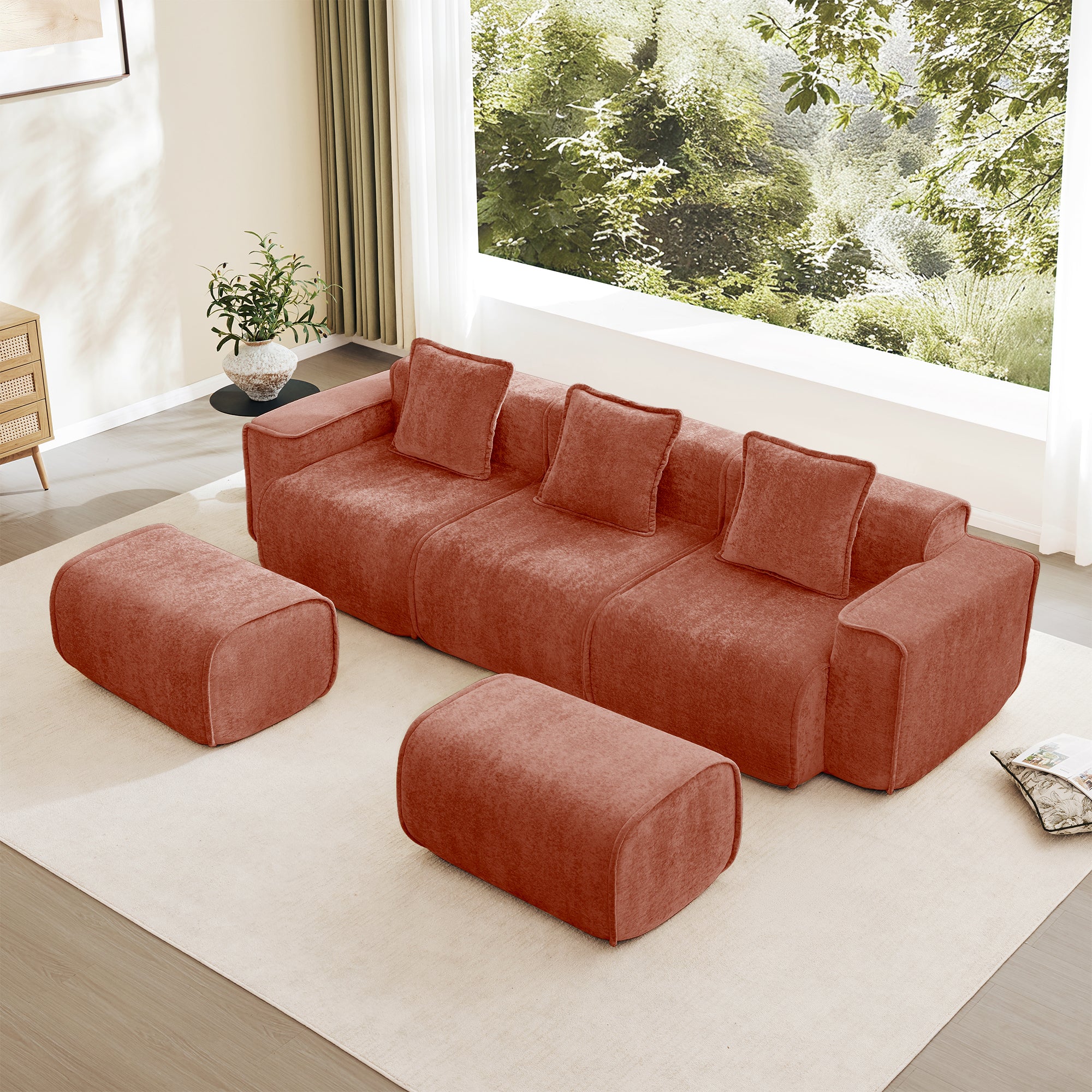 Seneca Boneless Couch - 3 Seater with 2 Ottomans, Terracotta
