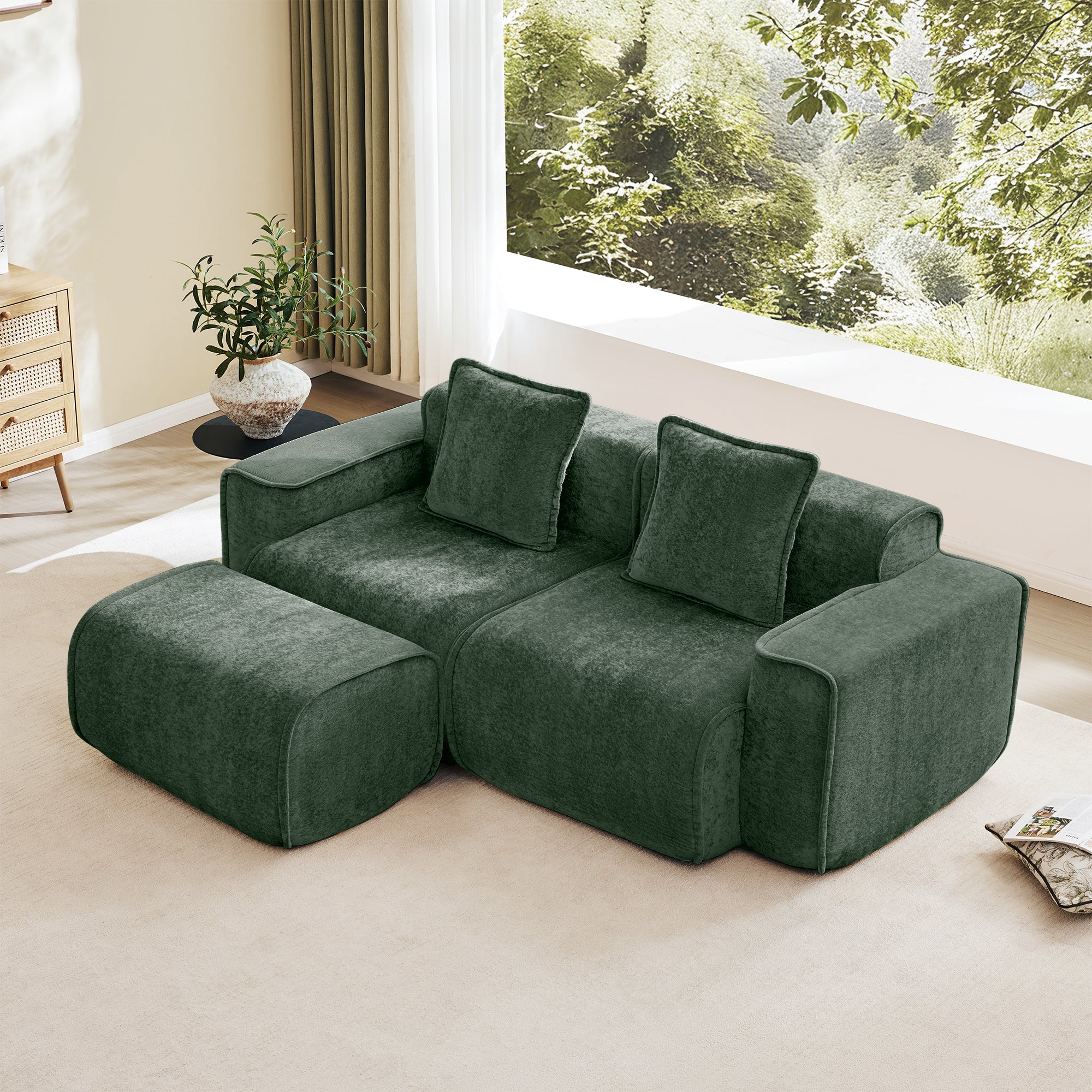 Seneca Boneless Couch - 2 Seater with Ottoman, Olive