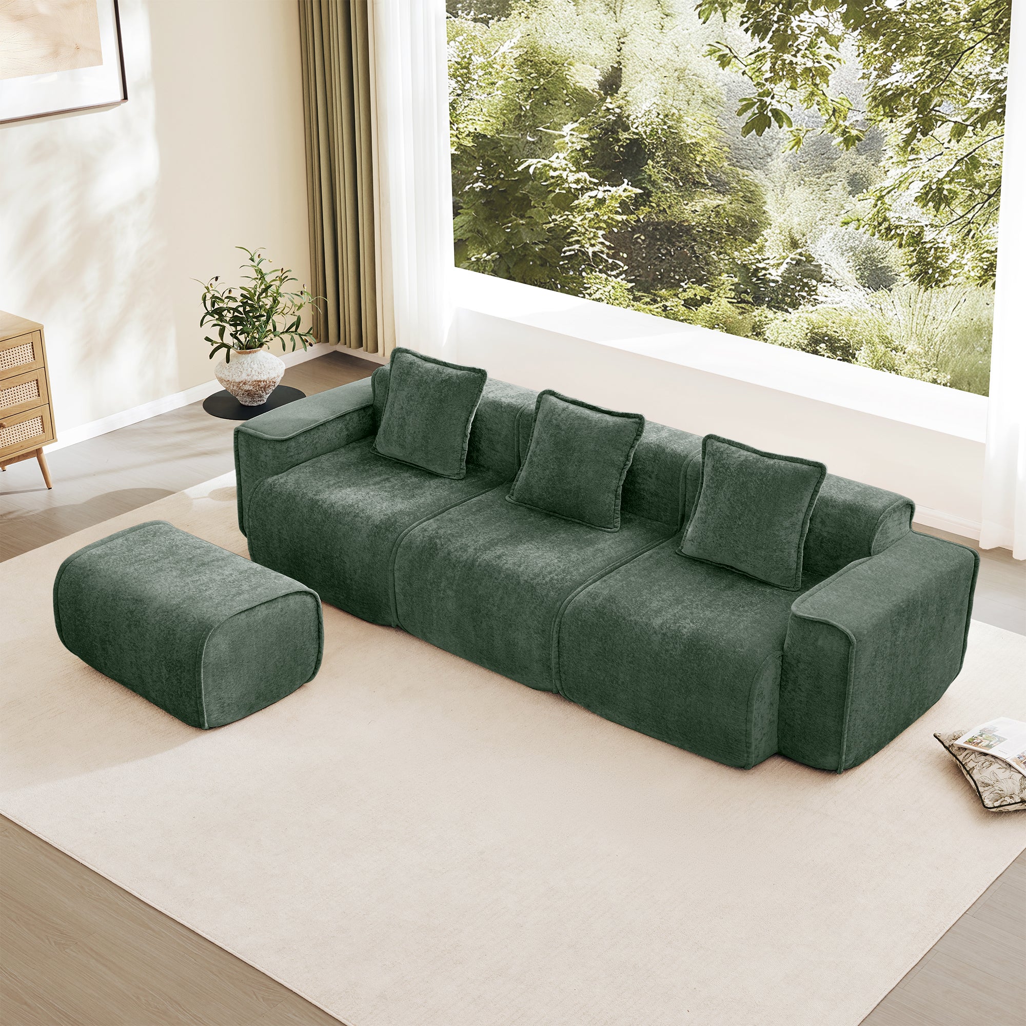 Seneca Boneless Couch - 3 Seater with Ottoman, Olive